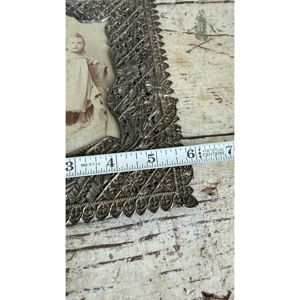 Antique Victorian Filigree Metal Frame Child Portrait Floral Scalloped
